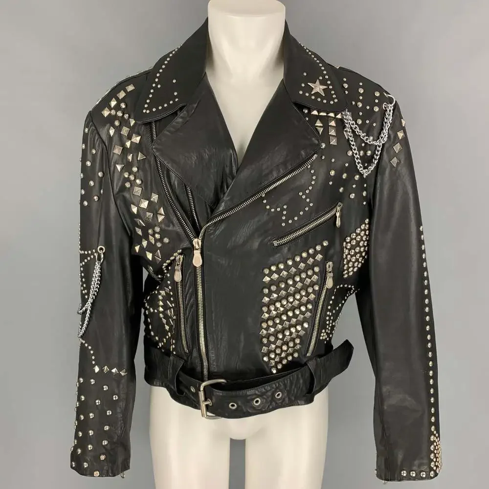 KATHARINE HAMNETT Winter 1990 Black Studded Leather Clean Up Or Die Biker Jacket - Picture 1 of 10